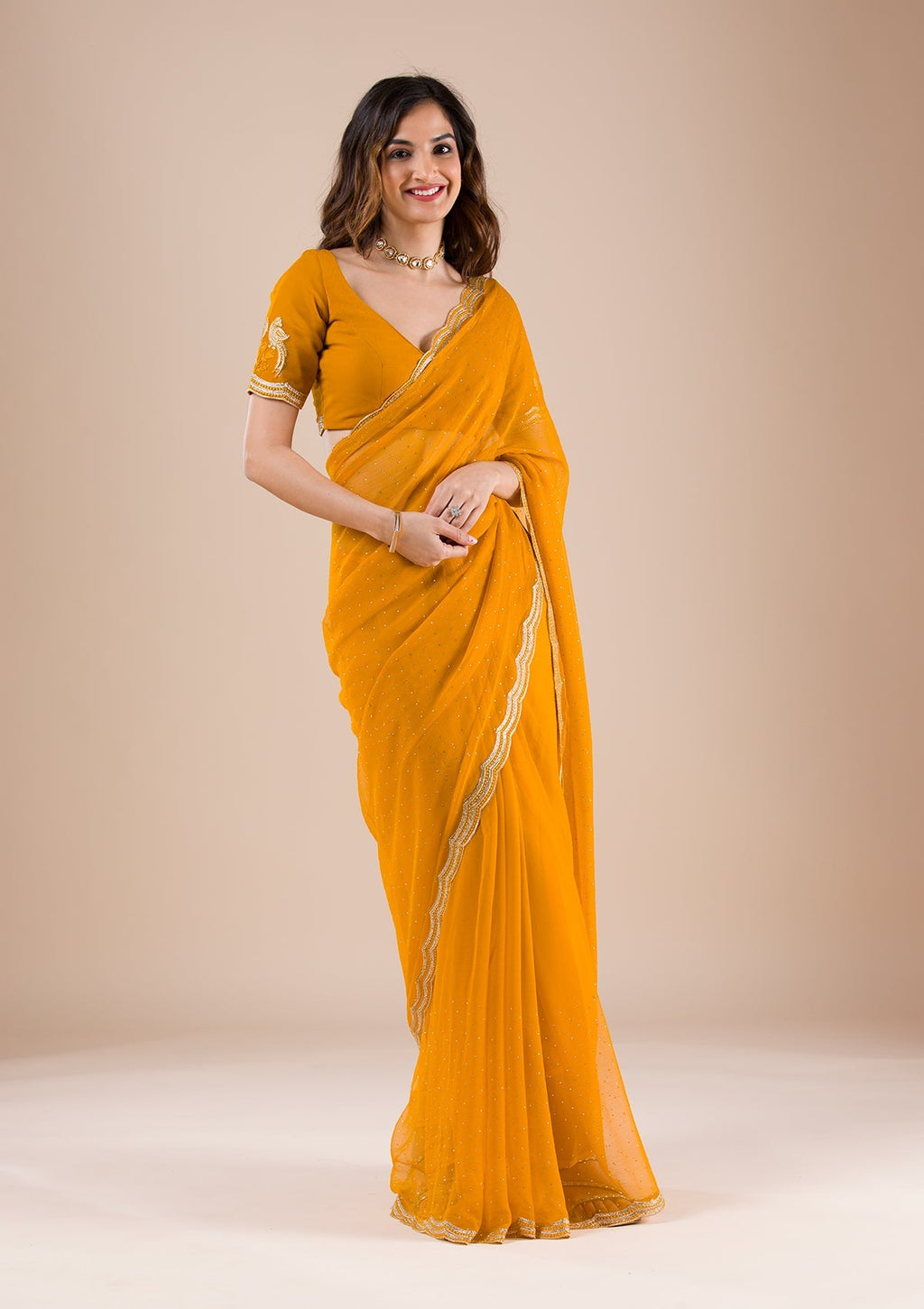 Mustard Stonework Chiffon Saree