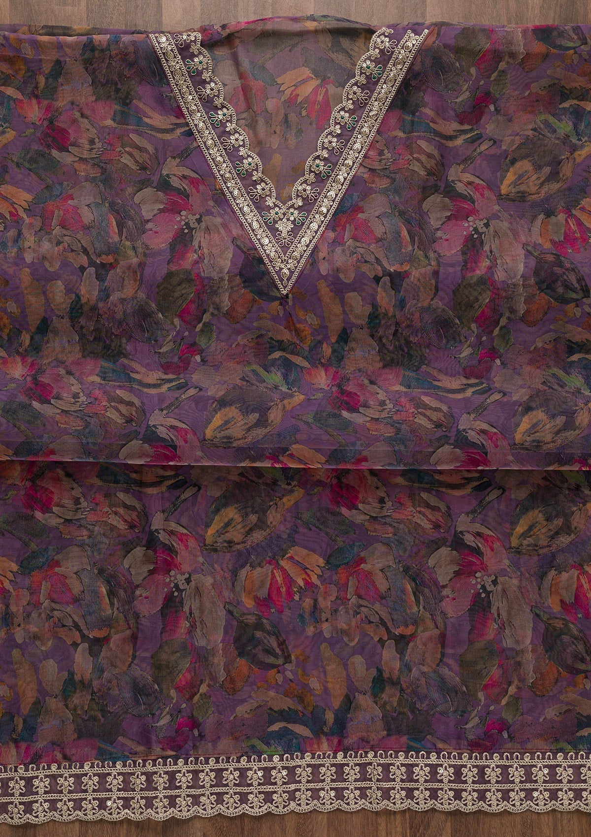 Purple Printed Organza Unstitched Salwar Suit